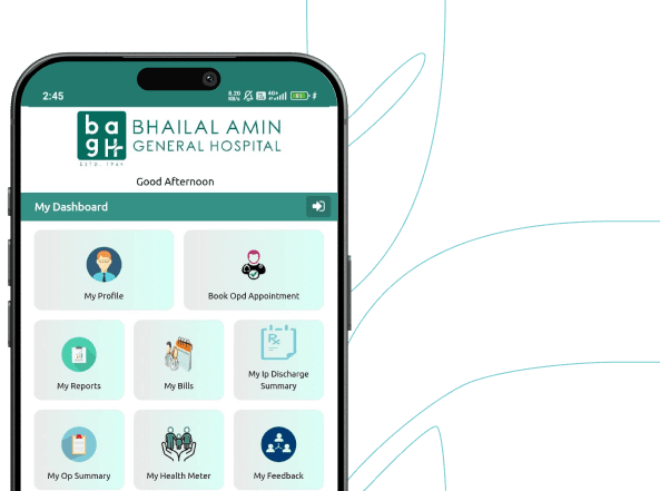 Mobile app dashboard for Bhailal Amin General Hospital showing options like profile, appointments, reports, bills, and feedback.
